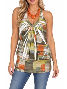 P.O.P abstract-print halter top featuring an earthy mix of olive orange & white